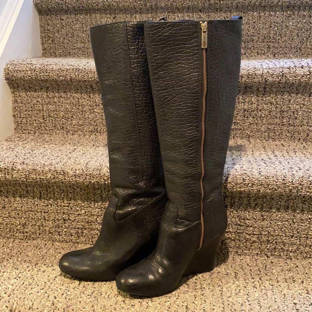 Tory Burch Knee High Wedge Leather Boots Size 9